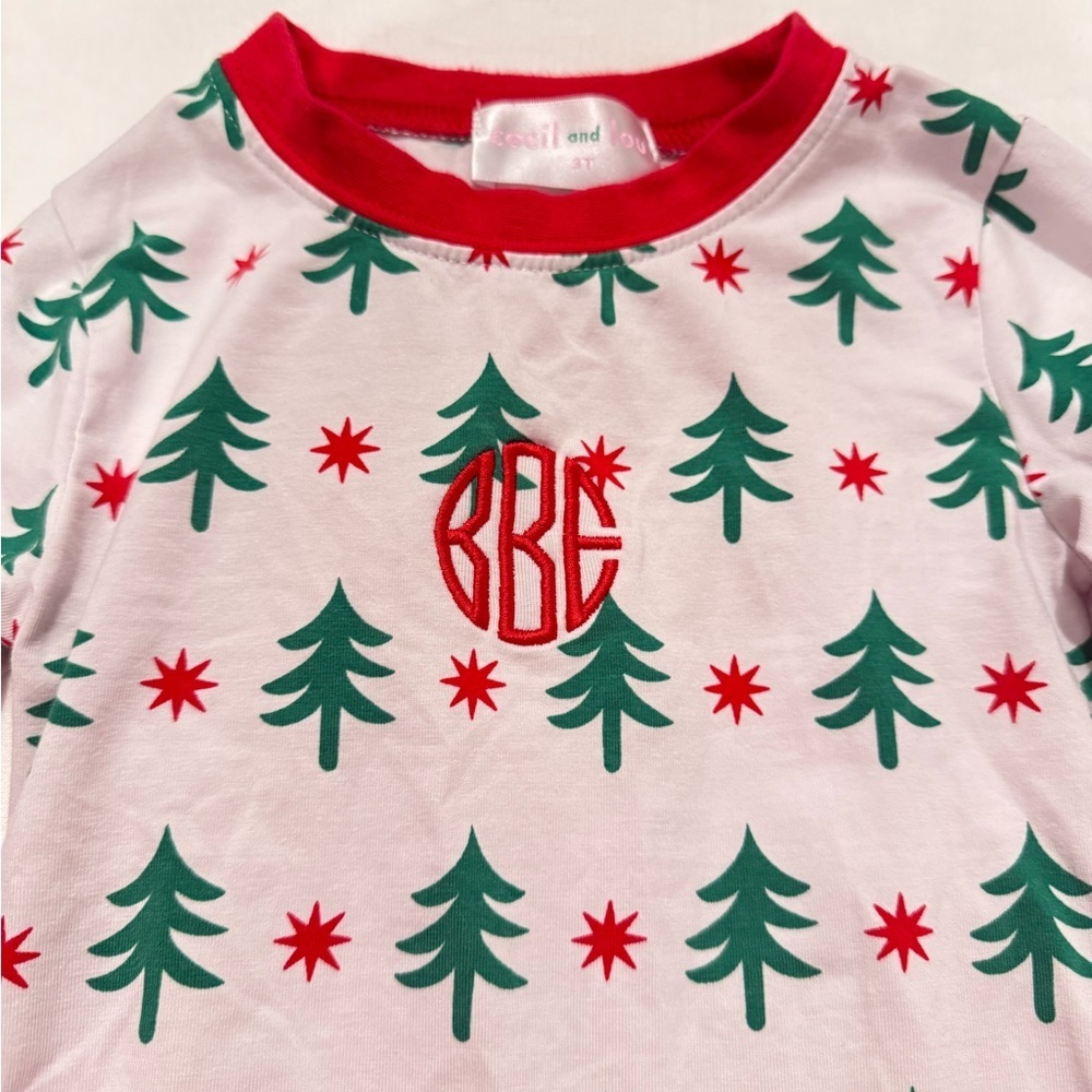 EUC Cecil and Lou Monogram “BBE” Green Stripe Red Christmas Tree Holiday 3T - Picture 2 of 4